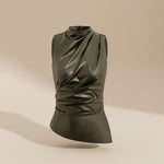 Yemelia sleeveless dark olive faux leather draped high neck top with a fitted silhouette.