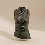 Yemelia sleeveless dark olive faux leather draped high neck top with a fitted silhouette.