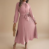 Yemelia dusty rose long sleeve pleated midi dress with high neck and waist tie. Elegant, flowing silhouette.