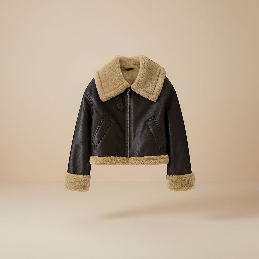 Faux Leather Shearling Trim Zip Front Jacket | Azuelle – Selara-studio