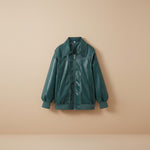 Yemelia dark green faux leather bomber jacket with zip front, ribbed trim, and contrast stitching.