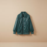 Yemelia dark green faux leather bomber jacket with zip front, ribbed trim, and contrast stitching.