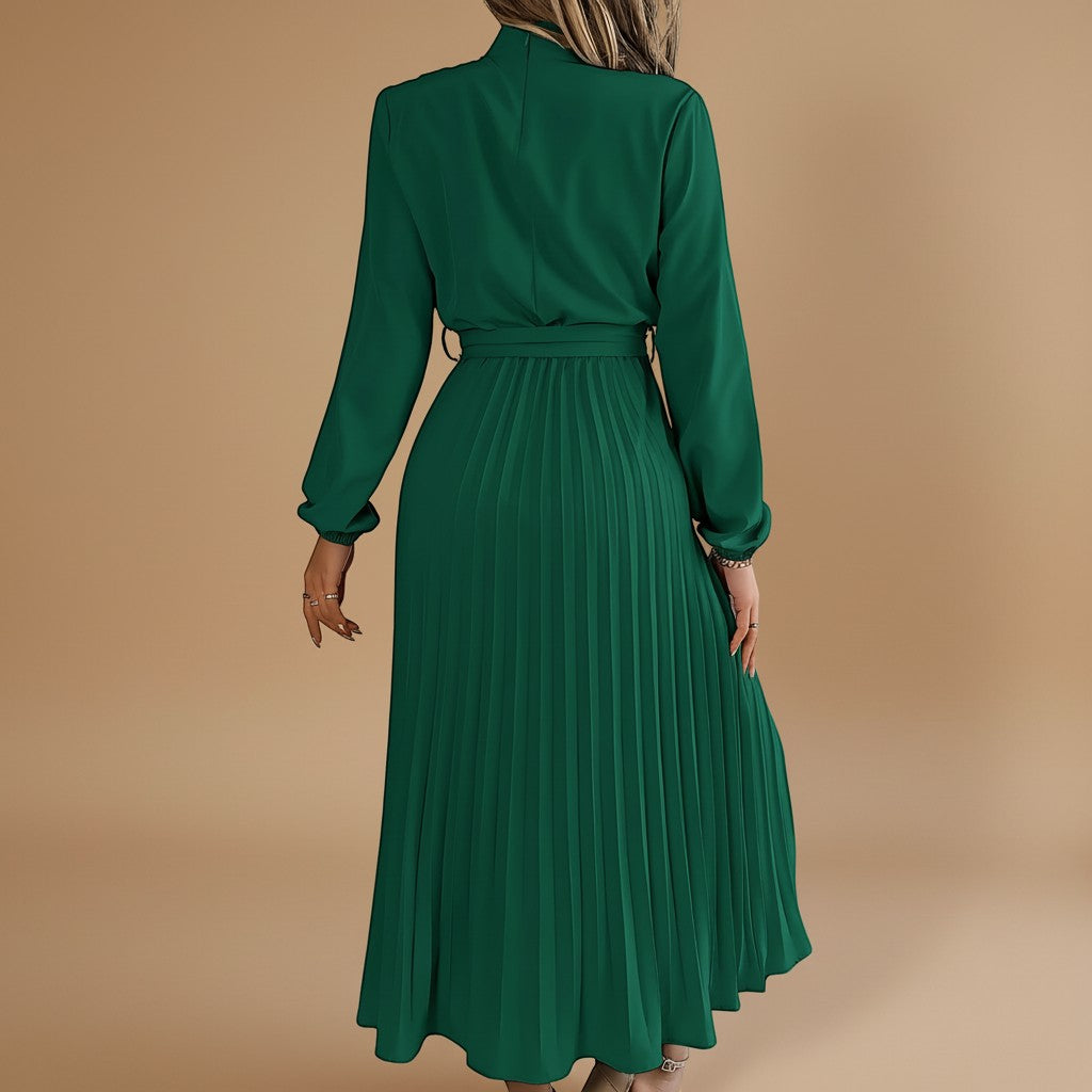 Selara Studio | High Neck Long Sleeve Pleated Midi Dress with Waist Ti Selara-studio Selara Studio | High Neck Long Sleeve Pleated Midi Dress with Waist Ti Selara-studio