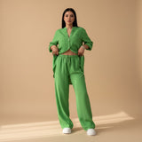 Yemelia green relaxed button down shirt and wide leg pants set, lightweight fabric, drawstring waist.