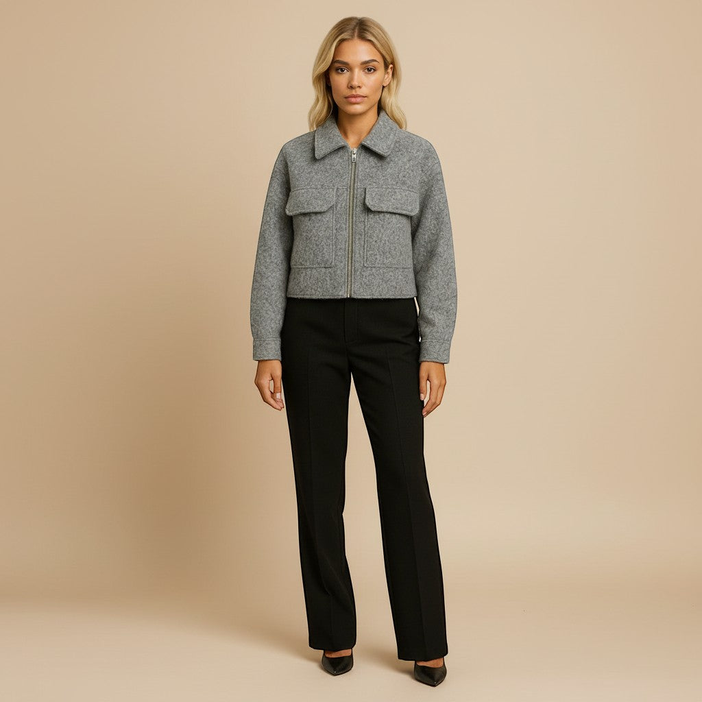 Yemelia grey textured wool blend cropped jacket with zip front, collar, and utility pockets.