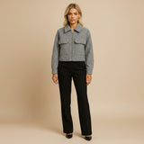 Yemelia grey textured wool blend cropped jacket with zip front, collar, and utility pockets.