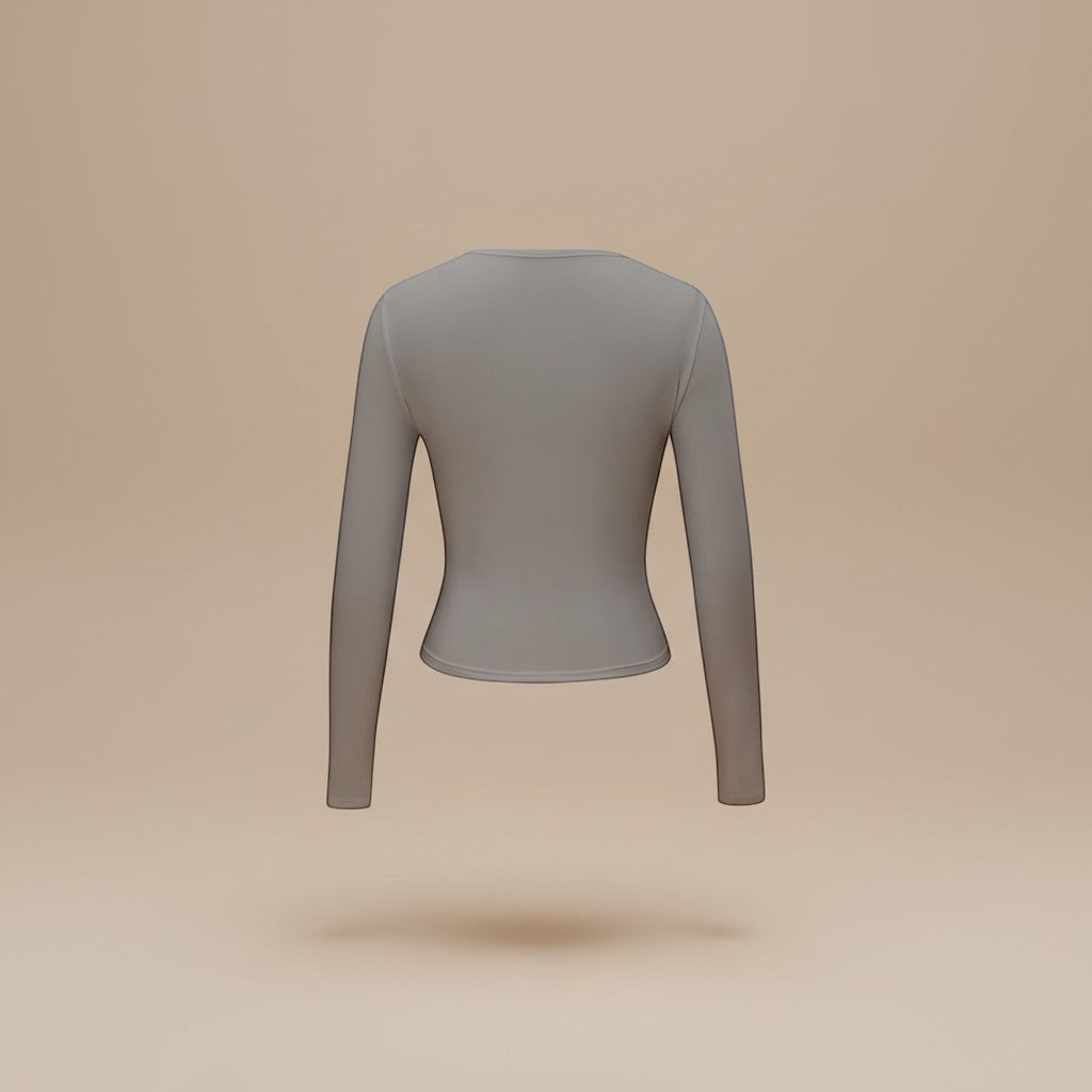 Yemelia grey long sleeve fitted crop top with thumbhole cuffs and a clean neckline, made from soft stretch fabric.
