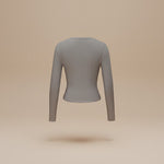 Yemelia grey long sleeve fitted crop top with thumbhole cuffs and a clean neckline, made from soft stretch fabric.