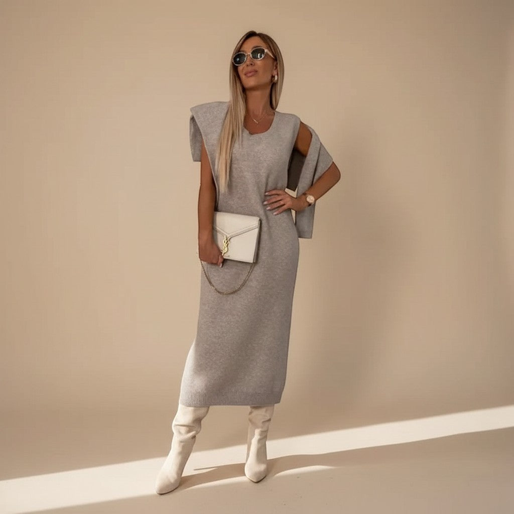 Yemelia grey knit turtleneck sweater and midi skirt set with relaxed fit and fitted silhouette.