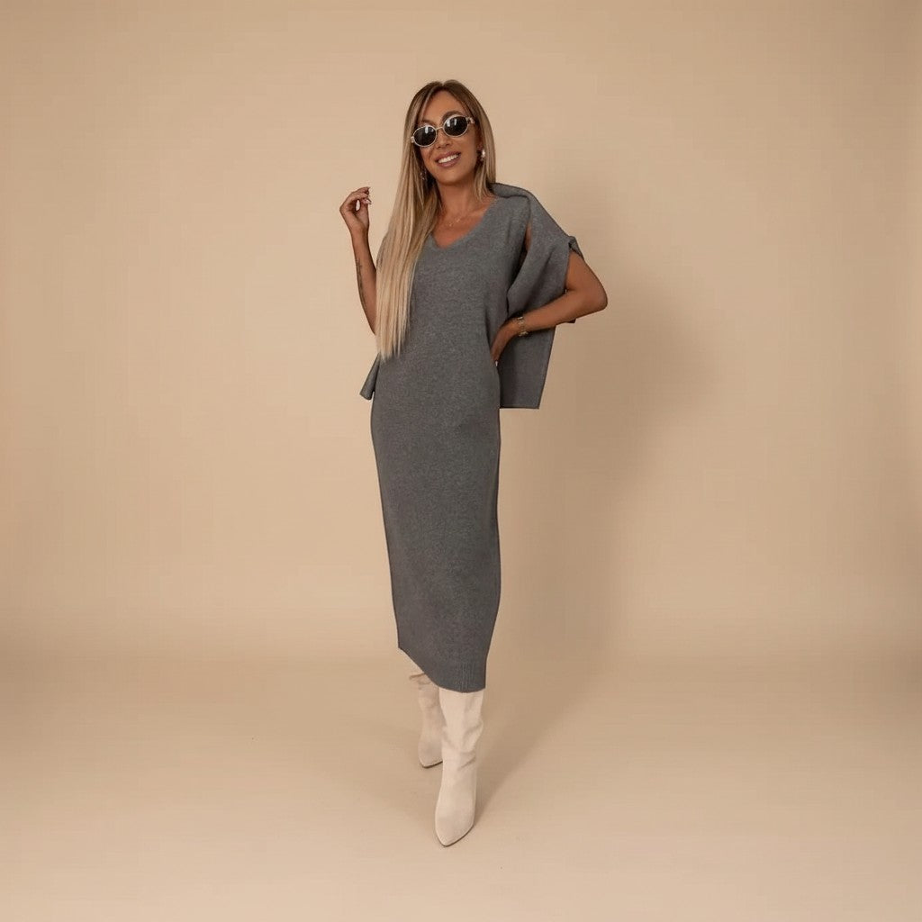 Yemelia grey knit turtleneck sweater and fitted midi skirt set, soft fabric, relaxed fit sweater, elegant silhouette.
