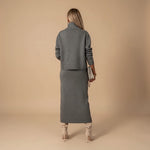 Yemelia grey knit turtleneck sweater and midi skirt set, soft fabric, relaxed fit sweater, fitted skirt.