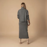 Yemelia grey knit turtleneck sweater and midi skirt set, soft fabric, relaxed fit sweater, fitted skirt.