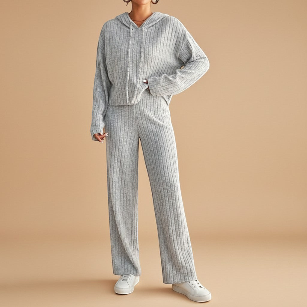 Yemelia grey ribbed knit hoodie set with relaxed-fit pants, featuring a casual hood and straight-leg design.