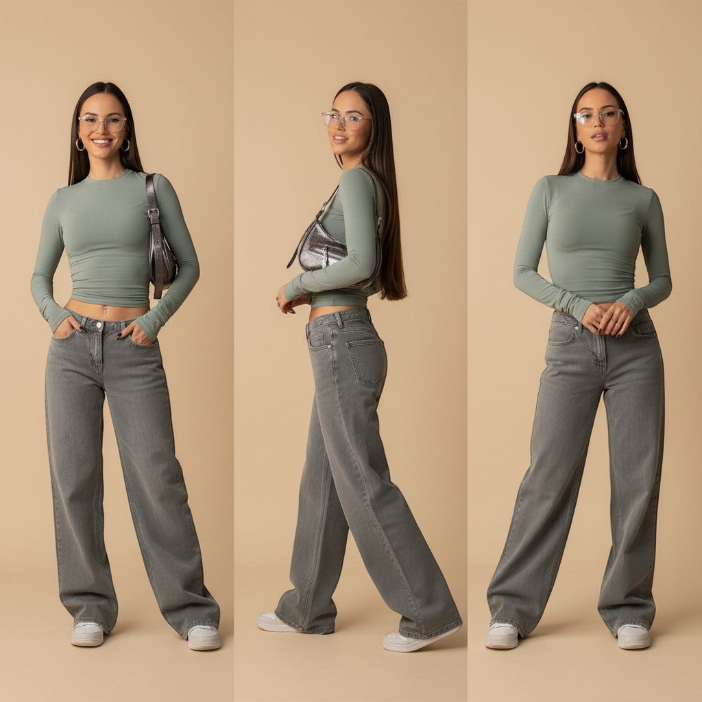 Yemelia mid rise wide leg denim jeans in faded grey wash, relaxed fit, five-pocket design, perfect for casual wear.