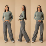 Yemelia mid rise wide leg denim jeans in faded grey wash, relaxed fit, five-pocket design, perfect for casual wear.