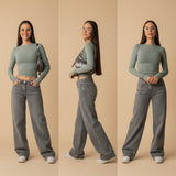 Yemelia mid rise wide leg denim jeans in faded grey wash, relaxed fit, five-pocket design, perfect for casual wear.