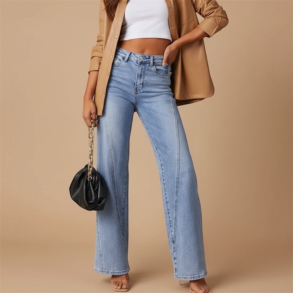 Yemelia light wash denim jeans with high waist, straight leg, and five-pocket design.