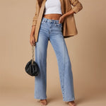 Yemelia light wash denim jeans with high waist, straight leg, and five-pocket design.