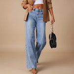 Yemelia light wash denim jeans with a high waist, straight leg, and unique seam detailing. Classic fit for everyday wear.