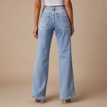 Yemelia light wash denim jeans with high waist, straight leg, and classic five-pocket design.