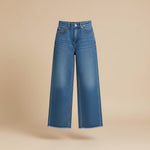 Yemelia high waist wide leg blue denim jeans with raw hem and five-pocket styling.