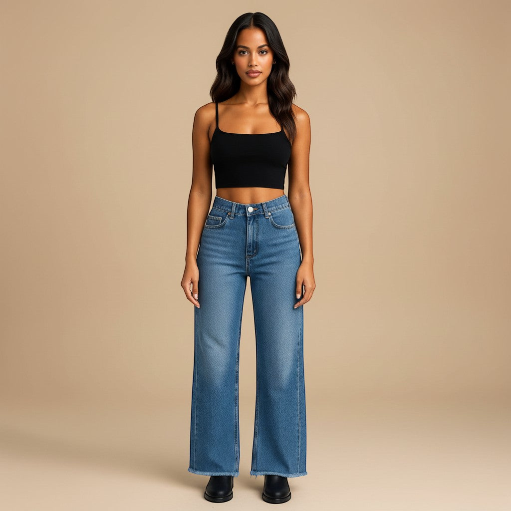 Yemelia high waist wide leg blue denim jeans with raw hem and five-pocket styling.