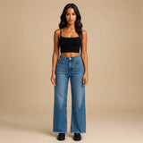 Yemelia high waist wide leg blue denim jeans with raw hem and five-pocket styling.