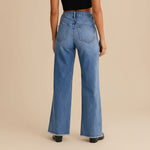 Yemelia high waist wide leg blue denim jeans with raw hem and five-pocket styling.