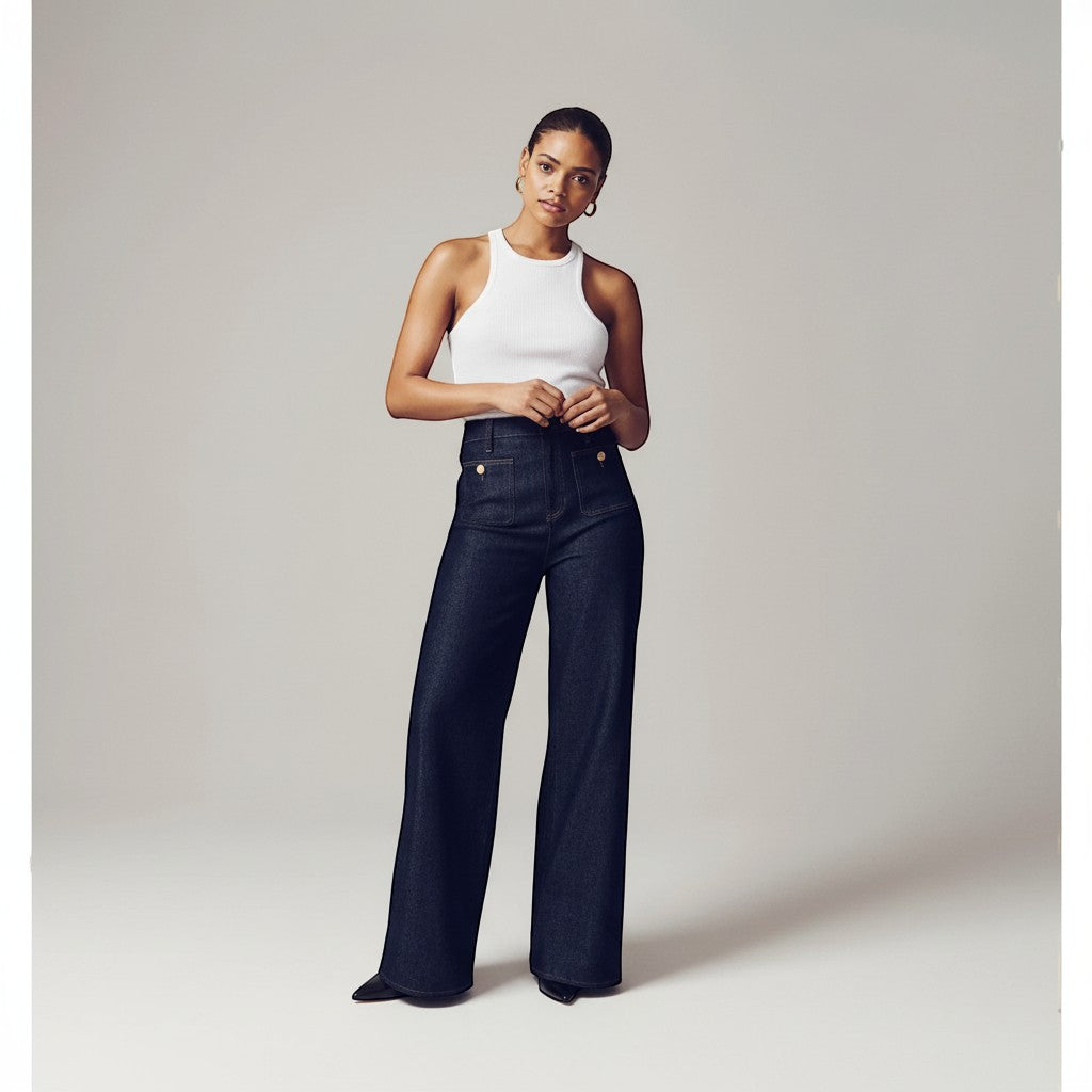 Yemelia dark wash denim high waist wide leg pants with utility pockets and gold button details.