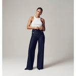 Yemelia dark wash denim high waist wide leg pants with utility pockets and gold button details.