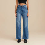 Yemelia high waist wide leg blue denim jeans with raw hem and five-pocket styling.