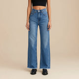 Yemelia high waist wide leg blue denim jeans with raw hem and five-pocket styling.