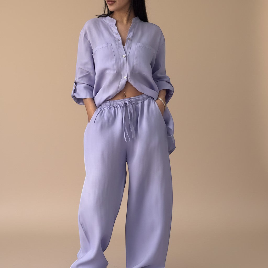 Yemelia relaxed lavender button-down shirt and wide-leg pants set, lightweight textured fabric, drawstring waist.