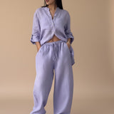 Yemelia relaxed lavender button-down shirt and wide-leg pants set, lightweight textured fabric, drawstring waist.