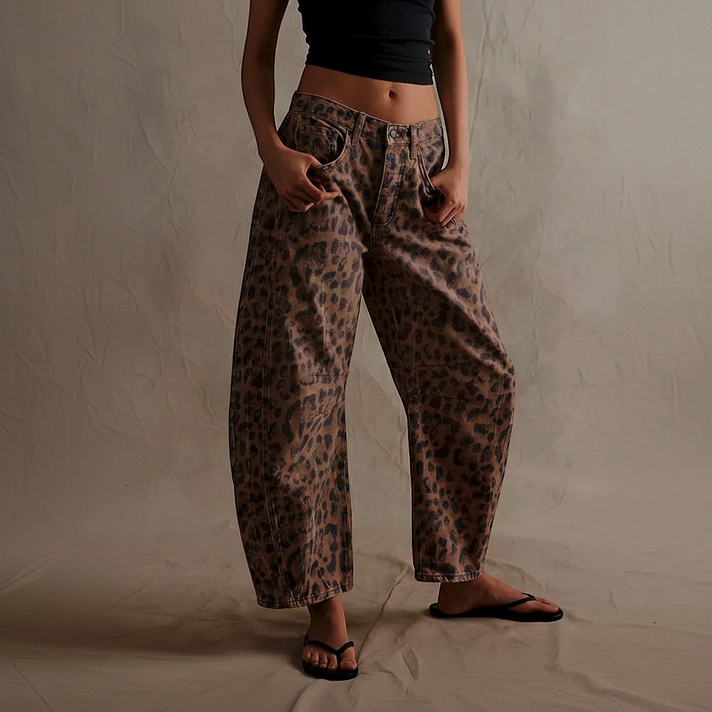 Yemelia brown leopard print wide leg denim jeans with relaxed fit and mid-rise waist.
