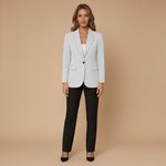 Yemelia light grey tailored single button blazer with structured fit, classic lapels, and flap pockets.