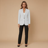 Yemelia light grey tailored single button blazer with structured fit, classic lapels, and flap pockets.