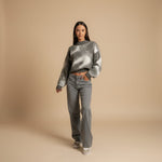 Yemelia mid rise wide leg denim jeans in light grey. Relaxed fit, durable denim, five-pocket design.
