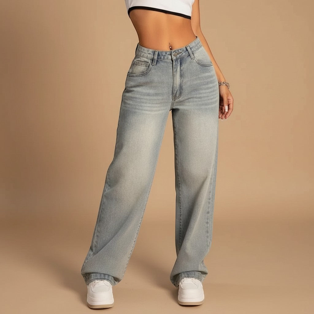 Yemelia light wash mid rise relaxed straight leg denim jeans with five-pocket design.