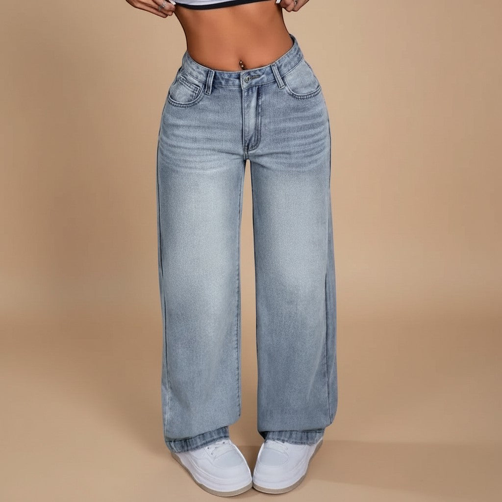 Yemelia light wash mid rise relaxed straight leg denim jeans with a soft feel and five-pocket design.