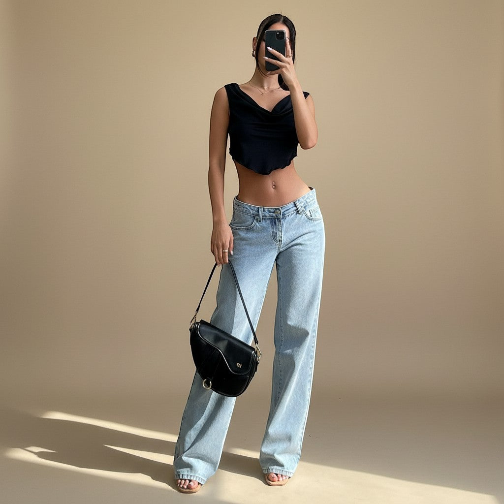 Yemelia light wash denim jeans with a low rise and wide leg fit, featuring a classic five-pocket design.