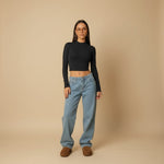 Yemelia light wash mid rise wide leg denim jeans with a relaxed fit and five-pocket design.