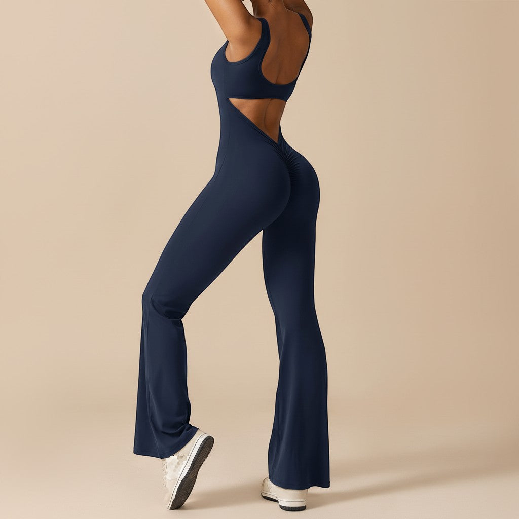 Yemelia navy blue sleeveless sculpting flared leg jumpsuit with a ruched back detail and clean neckline.