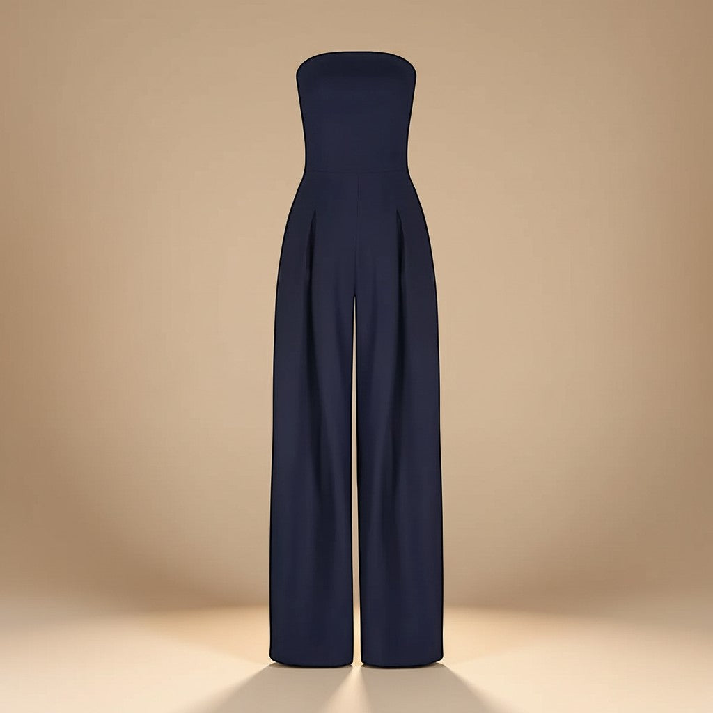 Yemelia navy blue strapless wide leg jumpsuit with tailored fit and side pockets. Elegant evening wear.