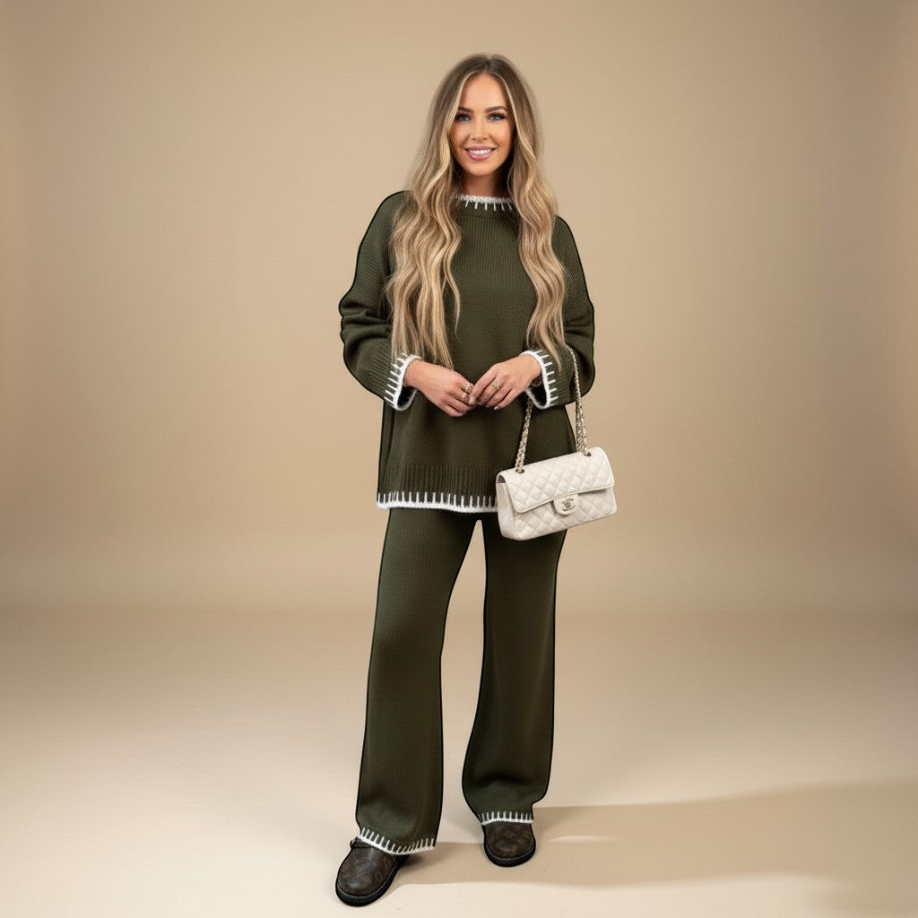 Yemelia olive green knit sweater set with oversized top and wide leg pants, featuring contrast white trim detail. Soft knit fabric.