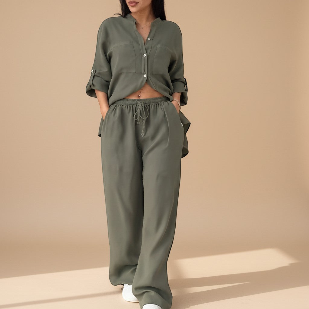 Yemelia olive green relaxed fit button-down shirt and wide-leg pants set with drawstring waist.