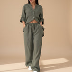 Yemelia olive green relaxed fit button-down shirt and wide-leg pants set with drawstring waist.