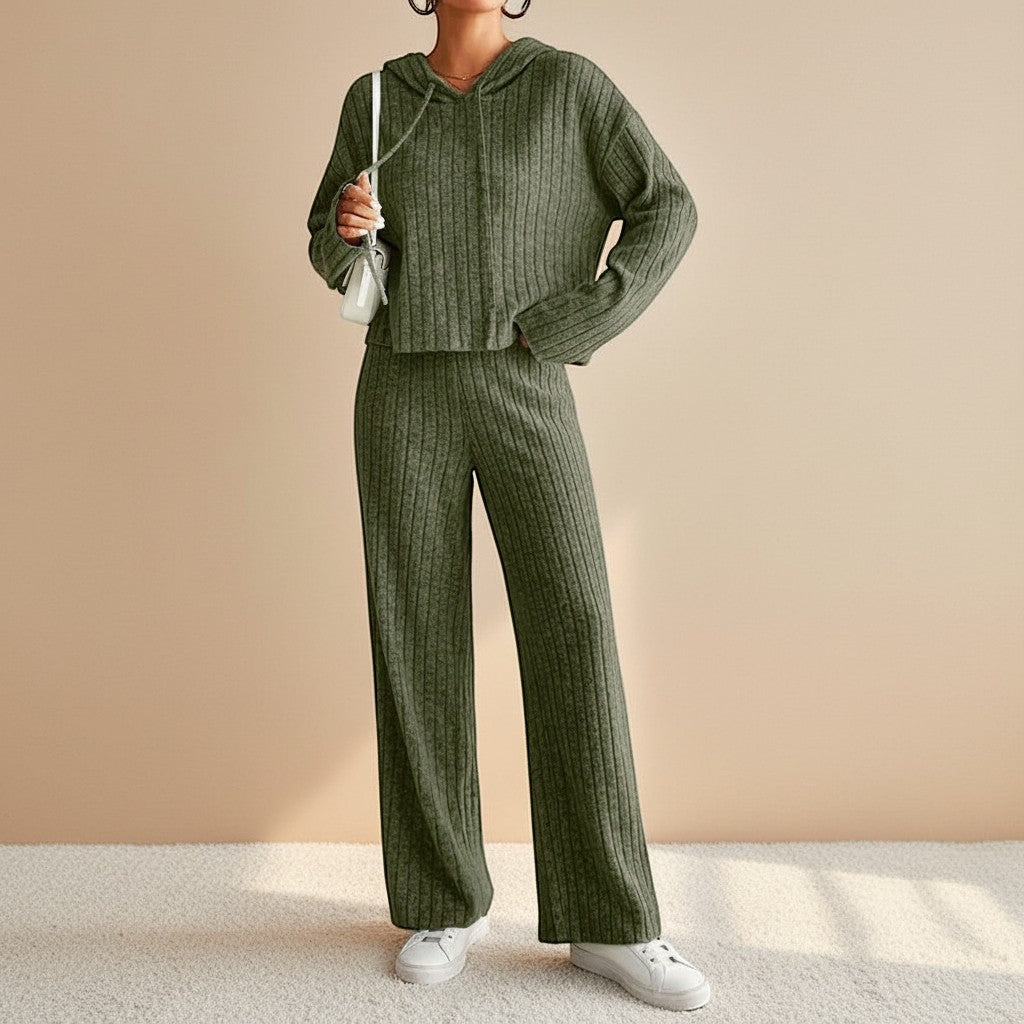 Yemelia olive green ribbed knit hoodie set with relaxed-fit pants, perfect for lounging or casual wear.