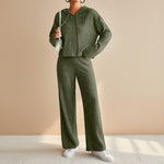 Yemelia olive green ribbed knit hoodie set with relaxed-fit pants, perfect for lounging or casual wear.