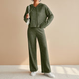 Yemelia olive green ribbed knit hoodie set with relaxed-fit pants, perfect for lounging or casual wear.